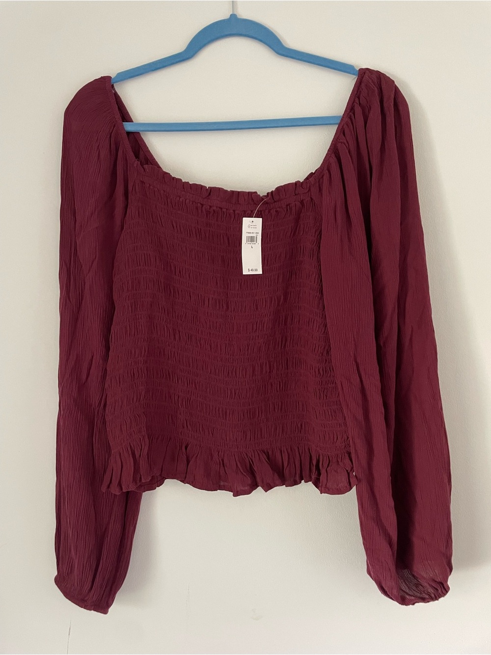 NWT Gap Burgundy Crinkle Chiffon Smocked Long Sleeve Blouse Large